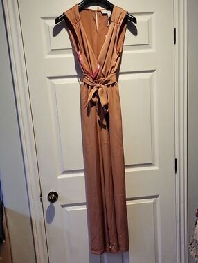 Sleeveless V-Neck Belted Wide-Leg Jumpsuit - Tan